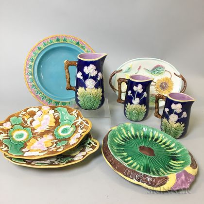 Eight English Majolica Ceramic Items