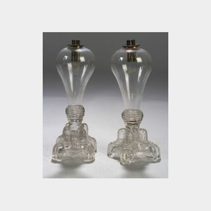Pair of Colorless Free-blown and Pressed Glass Whale Oil Lamps