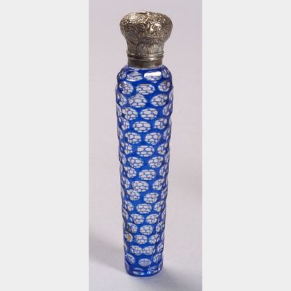 Cobalt Cased Optically Cut-to-Clear Glass and Engraved Silver Lidded Perfume Flask