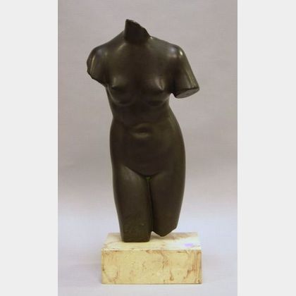Alva Studios Black Glazed Ceramic Nude Female Torso on a Marble Base. 