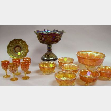 Fourteen Pieces of Assorted Carnival Glass Tableware