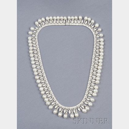 18kt White Gold, Freshwater Pearl, and Diamond Necklace