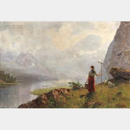 Hans Andreas Dahl (Norwegian, 1881-1919) View with a Young Shepherdess on a Fjord