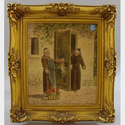Framed Watercolor on Paper Scene with Two Monks Attributed to Alfred A. Waters (British, 1849-1912)