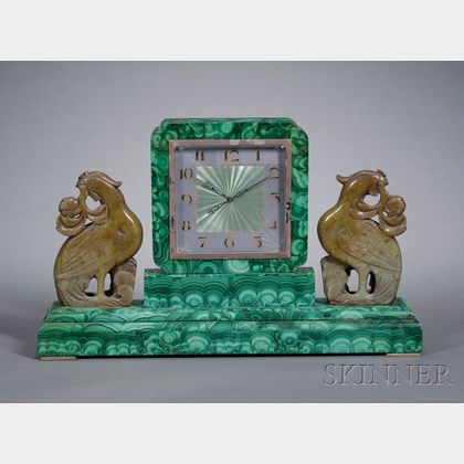 Art Deco Malachite, Spinach Jade Mounted and Enamel Mantel Clock