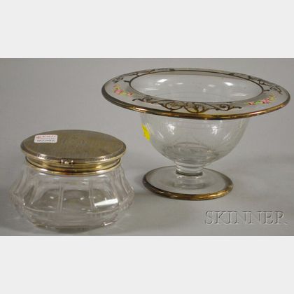 Sterling Silver Covered Etched Glass Dresser Jar and a Sterling Silver Overlay and Enamel-decorated Etched Colorless Glass Footed Bowl.