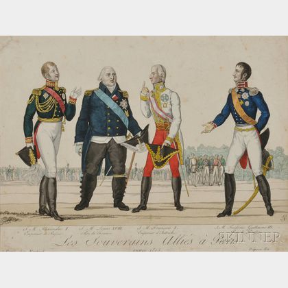 Hand-colored Engraving of European Leaders at the Treaty of Paris