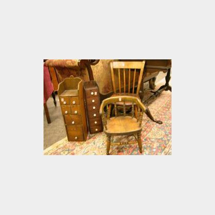 Two Wooden Multi-Drawer Counter Spice Cabinets and Two Childrens Windsor Chairs. 