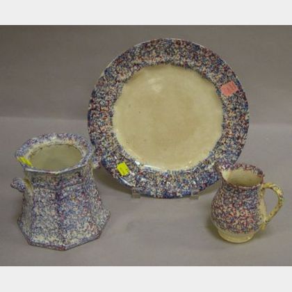 Blue and White Spatterware Plate, Creamer, and Sugar Bowl