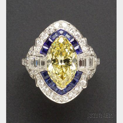 Art Deco Yellow Diamond, Sapphire, and Diamond Ring, Birks
