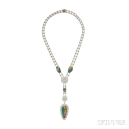 Art Deco Platinum, Black Opal, Diamond, and Seed Pearl Necklace