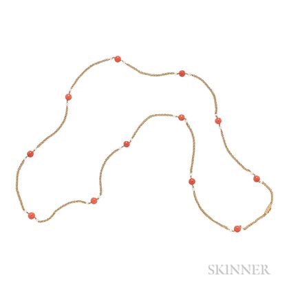 18kt Gold, Coral, and Cultured Pearl Long Chain, Pomellato