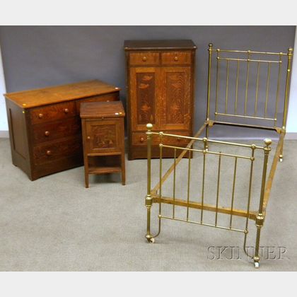 Three-piece Arts & Crafts Inlaid and Carved Oak Bedroom Set and a Brass Twin Bed