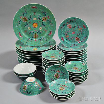 Chinese Famille Rose and Turquoise Partial Dinner Set