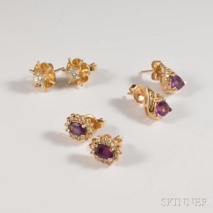 Three Pairs of 14kt Gold Gem-set Earrings