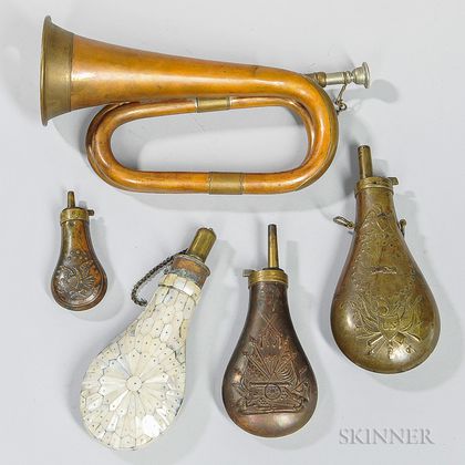 Four Powder Flasks and a Bugle
