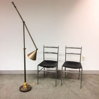 Pair of Aluminum and Leather Side Chairs and Contemporary Metal Floor Lamp. Estimate $100-200