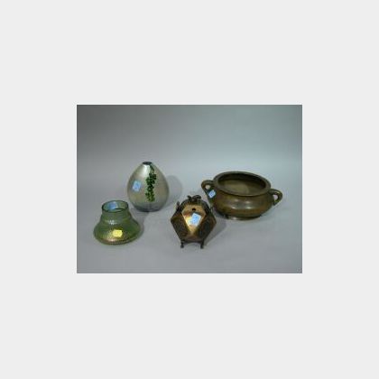 Two Asian Bronze Incense Burners and Two European Art Glass Vases. 