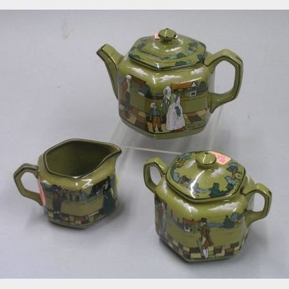 Three-Piece 1908 Buffalo Pottery Deldare Ware "Village Life in ye olden day" Tea Set