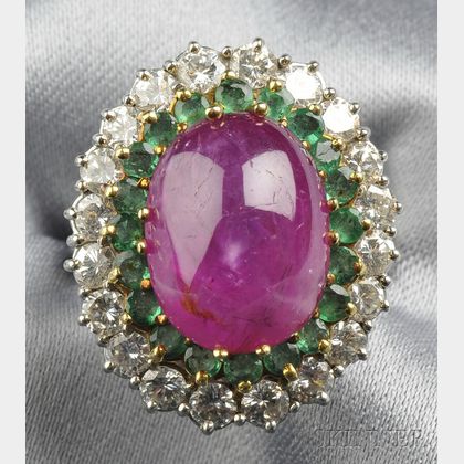 14kt White Gold, Star Ruby, Emerald, and Diamond Ring