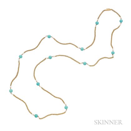 18kt Gold, Turquoise, and Cultured Pearl Long Chain, Pomellato