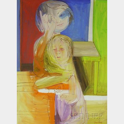 Framed Oil on Masonite Abstract Composition with Two Children by Vincent T. Smarkusz (American, 1919-1974)