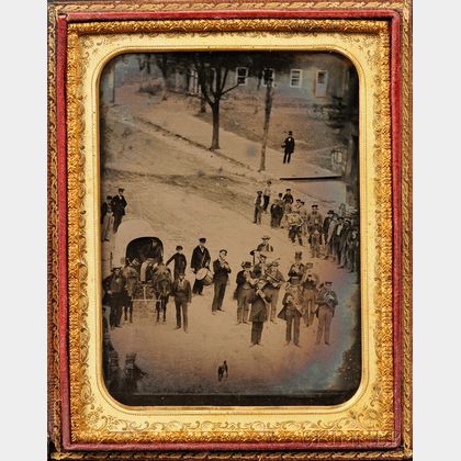 Half Plate Ambrotype Depicting a Whitehall, New York, Street Parade with Band