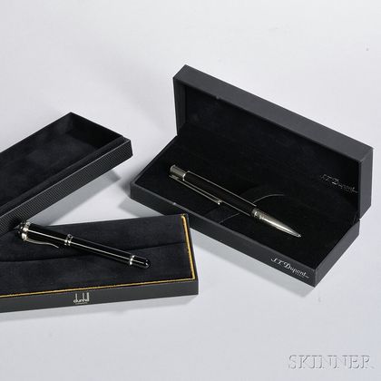 Dunhill and Dupont Rollerball Pens, London and Paris, a Dunhill Sentryman Mini in black resin with palladium plated trim, and a S.T. 