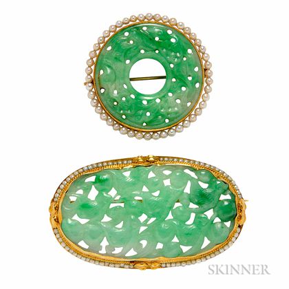 Two 14kt Gold and Jade Brooches