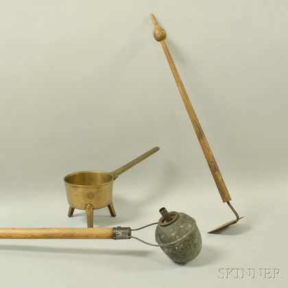 Bronze Posnet, an Oil Lamp, and a Small Garden Hoe