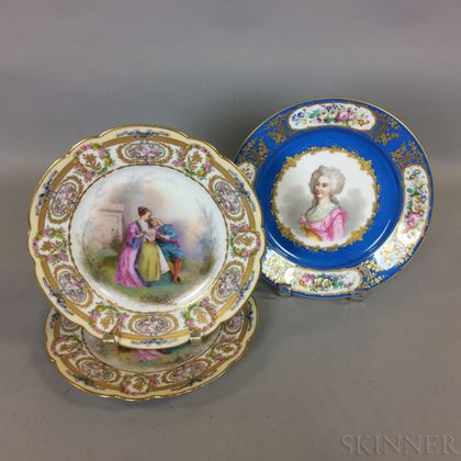 Three Sevres Hand-painted Porcelain Plates