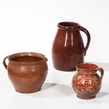 Large Redware Jug, Bowl/Pitcher, and a Small Slip-decorated Pitcher