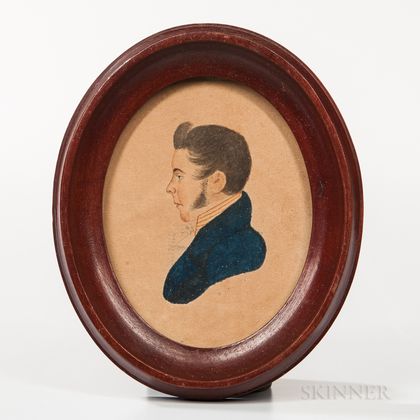 American School, Mid-19th Century Miniature Portrait of a Man in a Blue Jacket