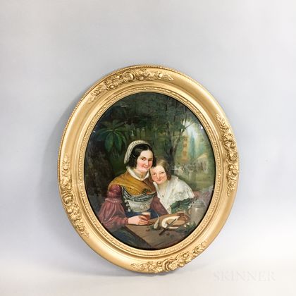 Framed Reverse-painted Glass Portrait of Two Women