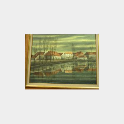 Framed Oil View of a Village on a Canal