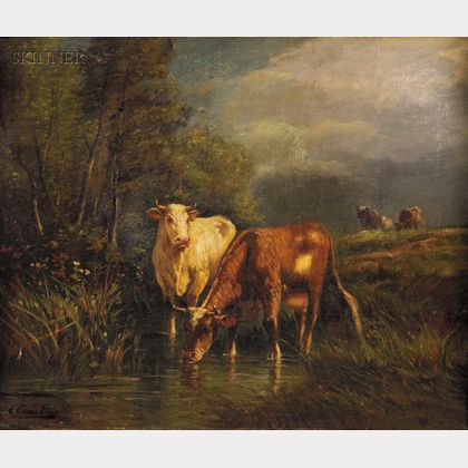 Continental School, 19th/20th Century Cows Watering in a Woodland Stream