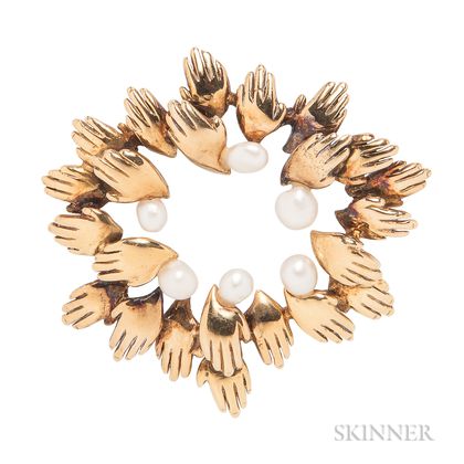 18kt Gold and Cultured Pearl Brooch, John Donald