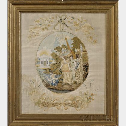 Federal Silk Needlework and Watercolor Picture of Moses in the Bulrushes