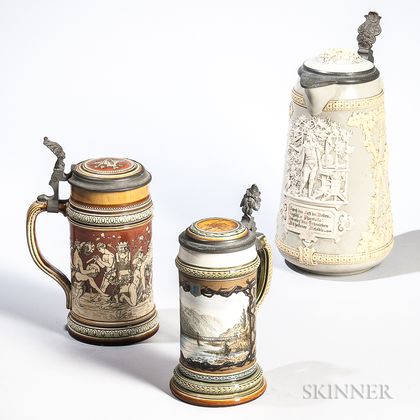 Two Mettlach Pottery Steins and a Flagon