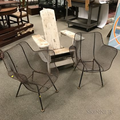 Pair of Mid-Century Modern Wirework Garden Chairs and a White-painted Adirondack Chair. Estimate $200-300