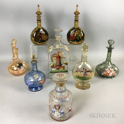 Three Stiegel-type Enameled Glass Decanters, a Pair, and Three Other Decanters