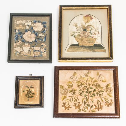 Four Framed Silk Embroidered Floral Pictures
