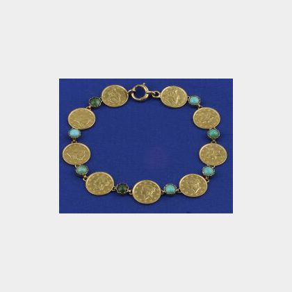 14kt Gold and Turquoise Coin Bracelet