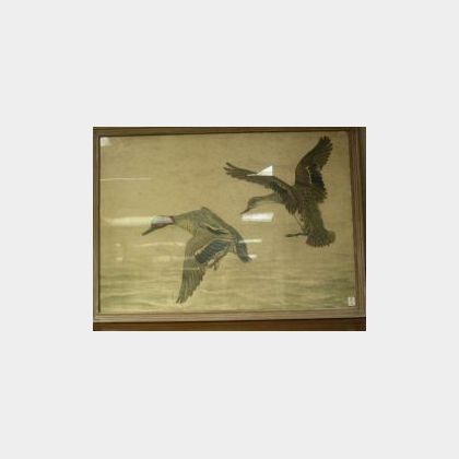 Framed Chromolithograph of Teals Alighting, Inscribed Leon...170/300 in pencil l.r. 