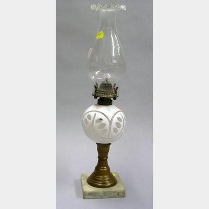 White Overlay Cut-to-Clear Glass Oil Lamp. 