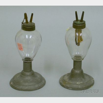 Pair of Glass and Pewter Fluid Burning Lamps