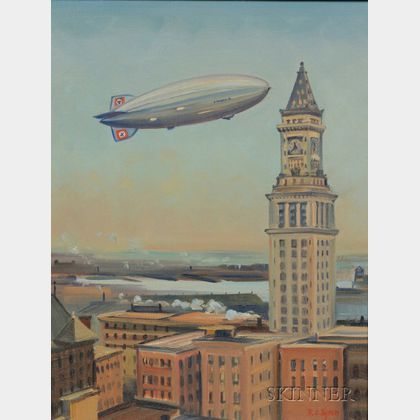 Richard C. Byron (American, 20th Century) Airship Hindenburg Over Boston - 11:40 am, May 6th, 1937, 1988