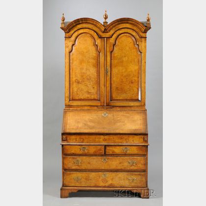 Queen Anne-style Walnut and Burl Walnut Inlaid Double-dome Secretaire Bookcase