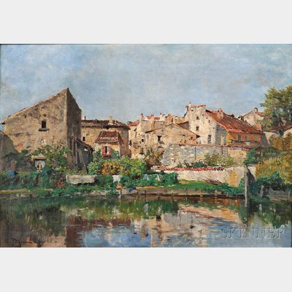 Edmond Marie Petitjean (French, 1844-1925) Village on the Banks of a River