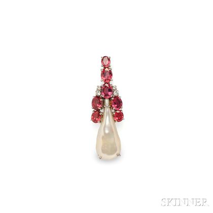 18kt White Gold, Baroque Freshwater Pearl, and Spinel Pendant, Andrew Grima